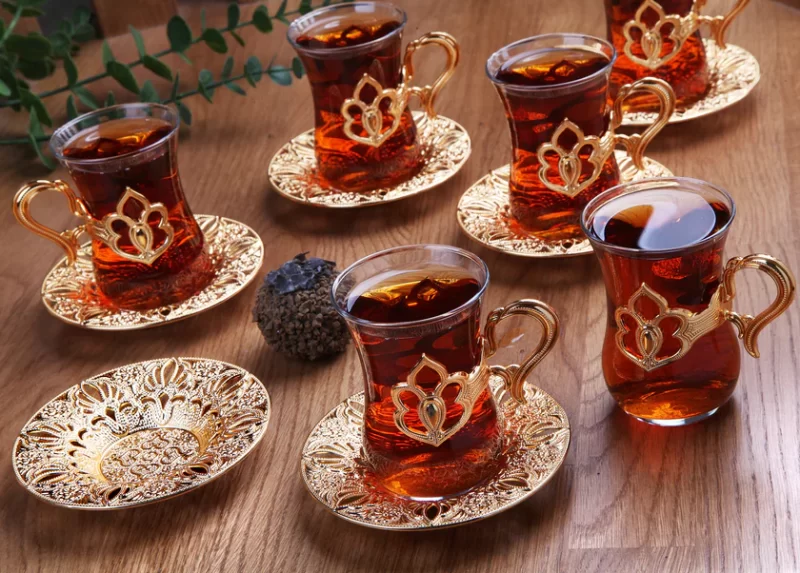 Set of Turkish tea glasses in gold