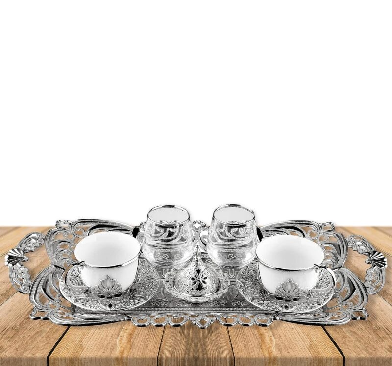 Silver double Turkish coffee serving set