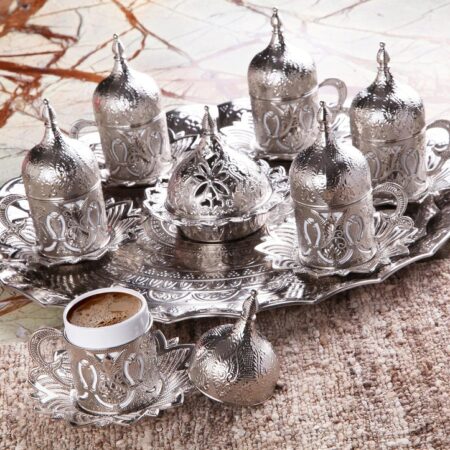 Silver Turkish covered coffee cup set