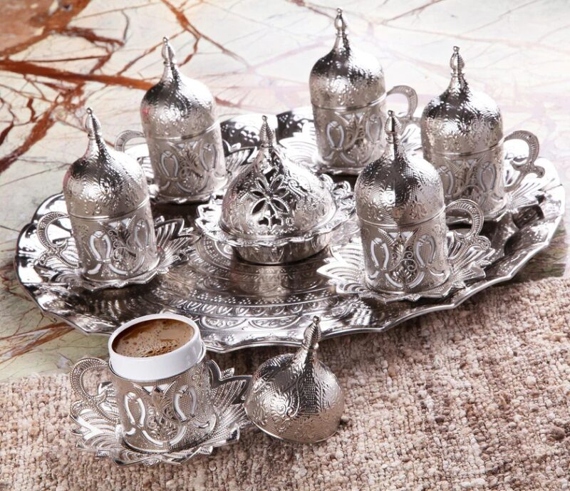 Silver Turkish covered coffee cup set