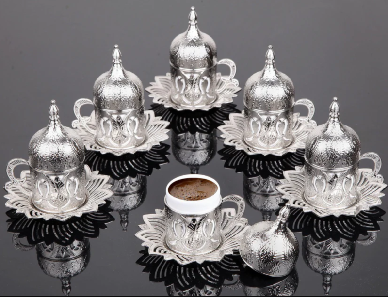 Silver Turkish covered coffee cup set